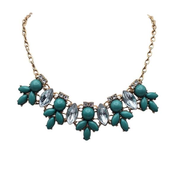 etc! Gold Tone Faux Jewels Blue Tones Statement Stylish Necklace - Picture 5 of 7